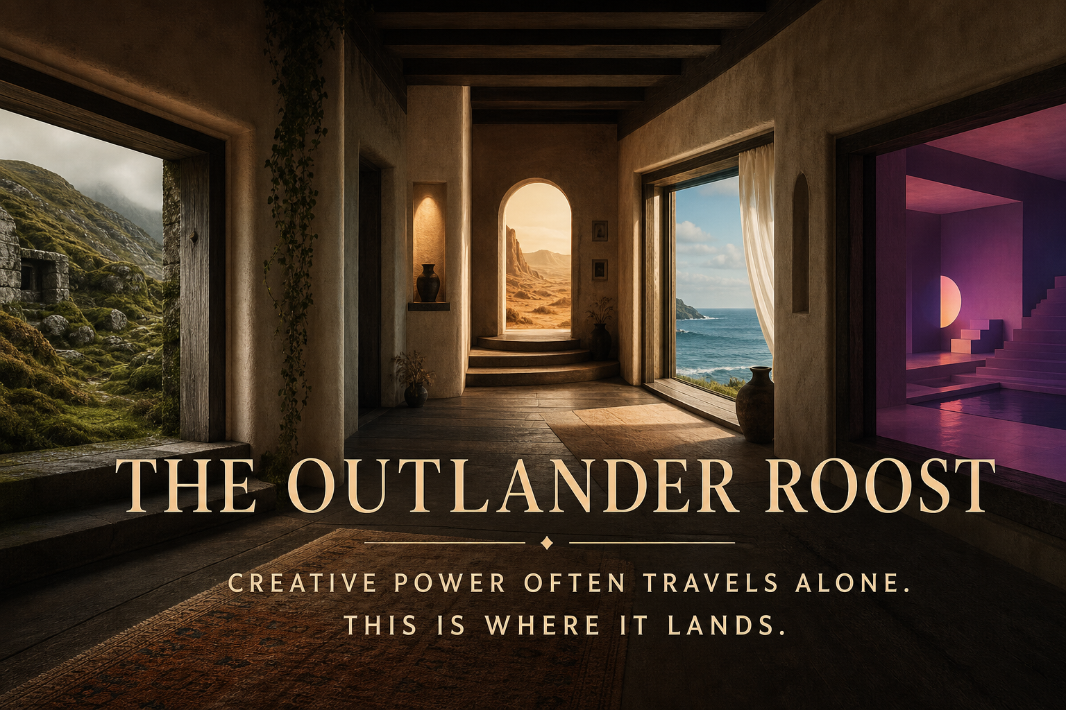 The Outlander Roost website artwork depicting a timber hall