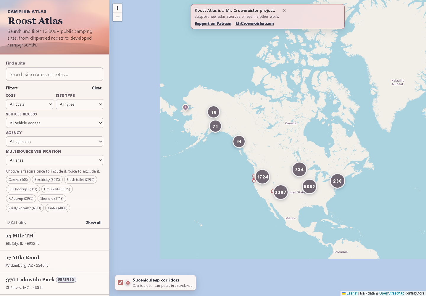 Roost Atlas showing camping filters, a site list, and clustered camping locations across a map of North America